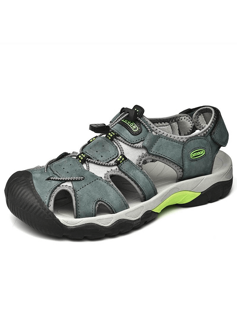 Men's outdoor genuine leather tactical trekking sandals with rubber sole, elastic closure, and low heel. Perfect for hiking.